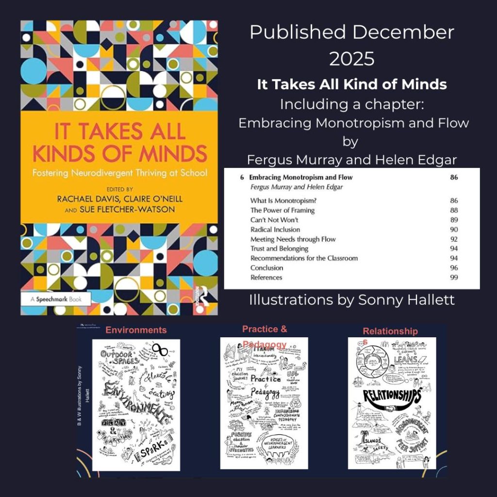 Promotional graphic for the book It Takes All Kinds of Minds: Fostering Neurodivergent Thriving at School. On the left is the colourful geometric book cover, edited by Rachael Davis, Claire O’Neill, and Sue Fletcher-Watson (Speechmark). On the right, text reads “Published December 2025” and highlights a chapter titled Embracing Monotropism and Flow by Fergus Murray and Helen Edgar, alongside a contents excerpt showing chapter sections. Along the bottom are three black-and-white illustrated pages labelled “Environments,” “Practice & Pedagogy,” and “Relationships,” credited to illustrator Sonny Hallett.